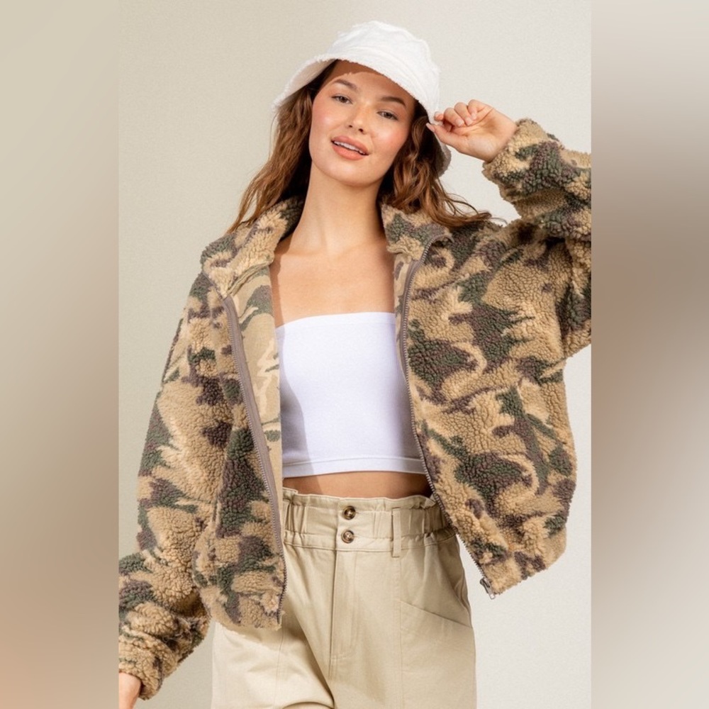 Graphic print casual fuzzy jacket